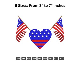 Bordado de la bandera estadounidense con forma de corazón, diseño de la bandera de EE. UU. para el 4 de julio, archivos para bordado a máquina (descarga instantánea), 6 tamaños.
