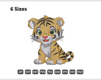 Diseño de bordado de cachorro de tigre - Bordado a máquina de animales de safari - Patrón bordado de lindo cachorro de león de la jungla - Descarga digital - 6 tamaños