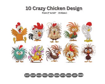 Diseños de bordado de pollos locos: 10 divertidos pollos bordados a máquina. Bordado de pollo adorable. Descarga instantánea. 6 tamaños. Archivos PES DST.