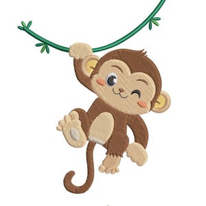 Puede incluir: Un mono de dibujos animados con pelaje marrón y una gran sonrisa está colgado de una vid verde. El mono está guiñando un ojo y tiene un estilo de dibujos animados lindo.