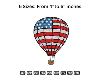 Diseño de bordado de globo aerostático con la bandera estadounidense - 4 de julio de EE. UU. - Bordado a máquina (descarga instantánea) 6 tamaños