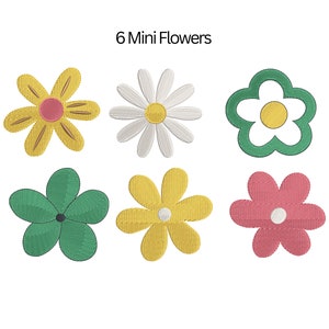 Könnte beinhalten: Sechs kleine gestickte Blumen in verschiedenen Farben und Stilen. Die Blumen sind gelb, weiß, grün und rosa.