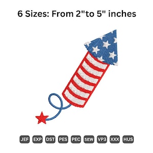 May include: Embroidered firework design in red, white, and blue, with a blue swirl and red star. The text "6 Sizes: From 2" to 5" inches" is above the firework. Below are file type abbreviations.