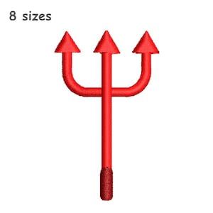 May include: A red embroidered trident design featuring three pointed prongs and a straight handle. The text 8 sizes is positioned in the upper left corner. The embroidery pattern shows a dense stitch texture throughout the entire trident shape.