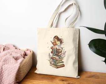 Girl Reading On A Stack Of Books Cotton Canvas Tote Bag