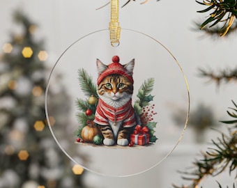 Tabby Cat in Christmas Clothing Acrylic Ornaments