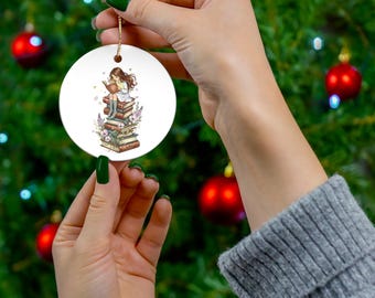 Girl Reading On A Stack Of Books Ceramic Ornament, 4 Shapes