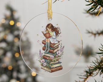 Girl Reading On A Stack Of Books Round Acrylic Ornament