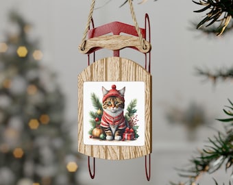 Tabby Cat in Christmas Clothing Sled Ornaments