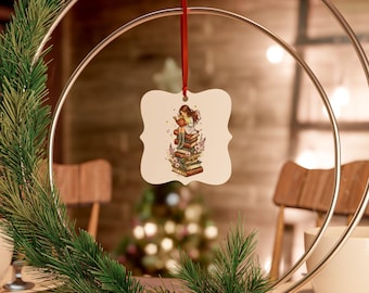 Girl Reading On A Stack Of Books Square Aluminum Ornament