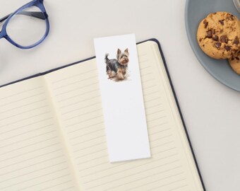 Marcapáginas imprimibles de Yorkshire Terrier en acuarela (3 unidades, 4 en la página), descarga instantánea en PDF.