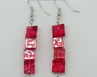 Red Cube and Puffed Square Beaded Earrings