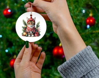 Tabby Cat in Winter Clothing Ceramic Ornament