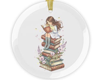 Girl Reading On A Stack Of Books Glass Ornament