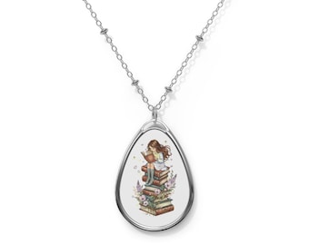 Girl Reading On A Stack Of Books Pendant Necklace