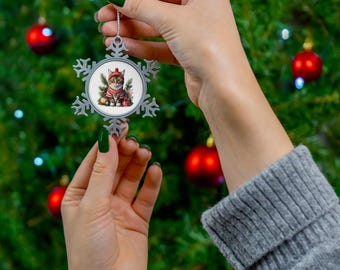 Tabby Cat in Winter Clothing Pewter Snowflake Ornament