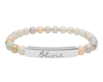 Olivia Women's Name Natural Stone Stretch Bar Bracelet, Engraved