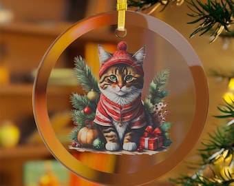 Tabby Cat In Christmas Clothing Glass Ornaments