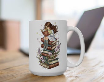 Girl Reading On A Stack Of Books Ceramic Mug, 15oz