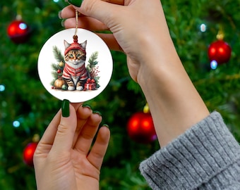 Tabby Cat in Christmas Clothing Ceramic Ornament