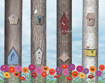 birdhouses and zinnias - signed print 8X10 inches by Sarah Knight, backyard birds tree swallow house wrens bluebirds chickadees, red flowers