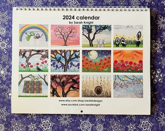 2024 12-month wall calendar - illustrations by Sarah Knight, 11X8.5 inch pages, seasonal art, backyard birds, flowers, trees, landscapes