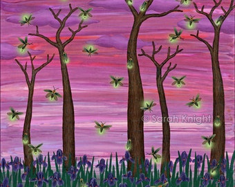 firefly sky - signed digital illustration art print 8X10 inch, purple magenta pink irises iris flowers fireflies lightning bugs insect art