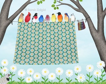 song birds clothesline - signed illustration art print 8X10 inches by Sarah Knight, laundry sheet daisy flowers cardinal goldfinch swallow