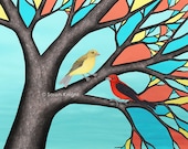 scarlet tanagers in the stained glass tree - signed print 8X10 inches by Sarah Knight, red yellow black birds branches bark brown aqua blue