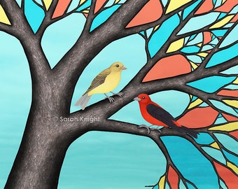 scarlet tanagers in the stained glass tree - signed print 8X10 inches by Sarah Knight, red yellow black birds branches bark brown aqua blue