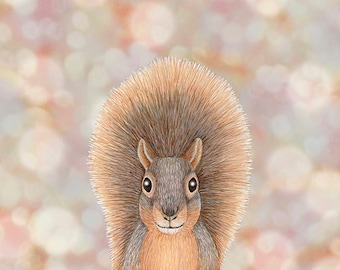 fox squirrel (woodland animal portrait) - 8X10 inch art print by Sarah Knight, childrens nursery wall decor brown orange rodent peach bokeh