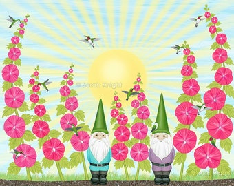 hummingbirds, hollyhocks, & gnomes - signed digital illustration art print by Sarah Knight 8X10 inch, magenta pink sunshine whimsical garden