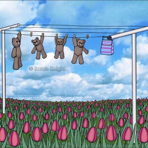 May include: Four brown teddy bears hang on a clothesline with a purple and blue striped bag hanging next to them. The clothesline is set up in a field of pink tulips.