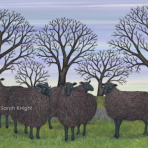 black Welsh mountain sheep signed 8X10 inch art print by Sarah Knight, rural farm scene green grass trees periwinkle sky farm animals ram image 1