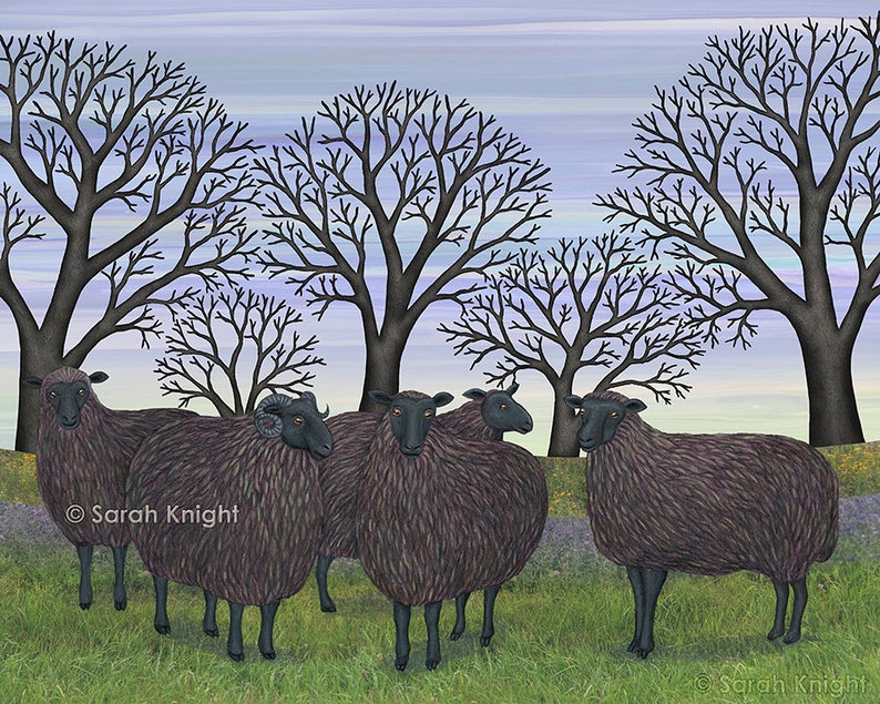 black Welsh mountain sheep signed 8X10 inch art print by Sarah Knight, rural farm scene green grass trees periwinkle sky farm animals ram image 1