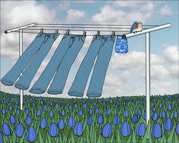 bluebirds, blue jeans, blue sky - signed digital illustration art print 8X10 inches, clothesline laundry wash room art birds tulips flowers