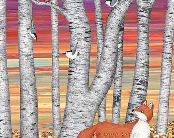 nuthatches and fox in the birch forest - art print 8X10 inches by Sarah Knight, birds trees gray orange colorful leaf litter nature scene