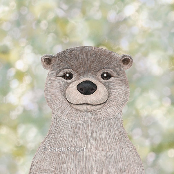 river otter (woodland animal portrait) - 8X10 inch art print by Sarah Knight, childrens nursery wall decor brown beige chartreuse sage bokeh