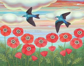 tree swallows and poppies - signed art print 8X10 inches by Sarah Knight - teal blue birds scarlet red flowers psychedelic colors clouds sky