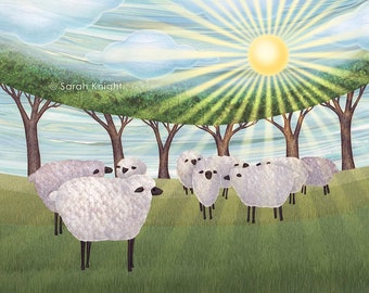 sunshine sheep - signed digital illustration art print 8X10 inches by Sarah Knight, flock of white sheep green grass blue sky yellow sun