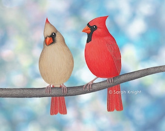 charming cardinals and bokeh - signed art print 8X10 inches by Sarah Knight, red beige birds neutral colors white sky blue periwinkle