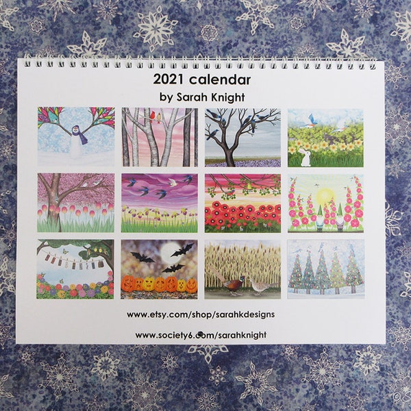 2021 12-month wall calendar - illustrations by Sarah Knight, 11X8.5 inch pages, seasonal art, birds flowers trees bats gnomes