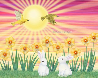 bunnies, daffodils, yellow warblers, & sunshine - signed illustration art print 8X10 inches, white bunny rabbit birds flowers spring easter