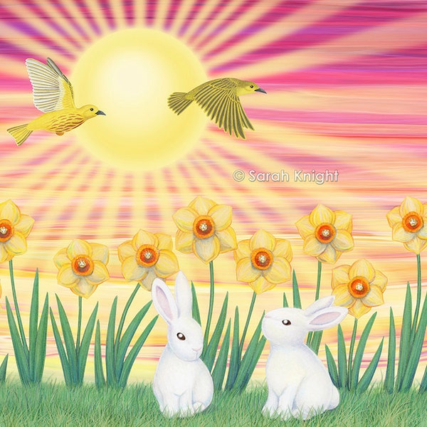 bunnies, daffodils, yellow warblers, & sunshine - signed illustration art print 8X10 inches, white bunny rabbit birds flowers spring easter