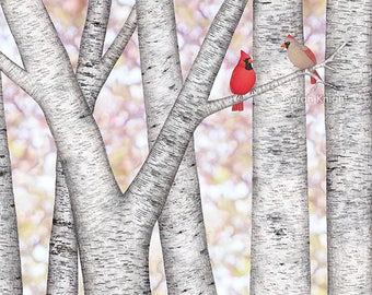 cardinals and birch trees - signed art print 8X10 inches by Sarah Knight, red beige birds birches bokeh mauve white gray neutral colors