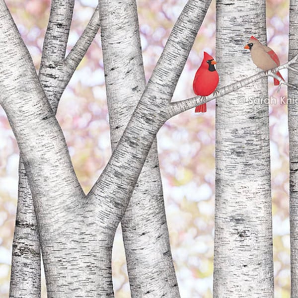 cardinals and birch trees - signed art print 8X10 inches by Sarah Knight, red beige birds birches bokeh mauve white gray neutral colors