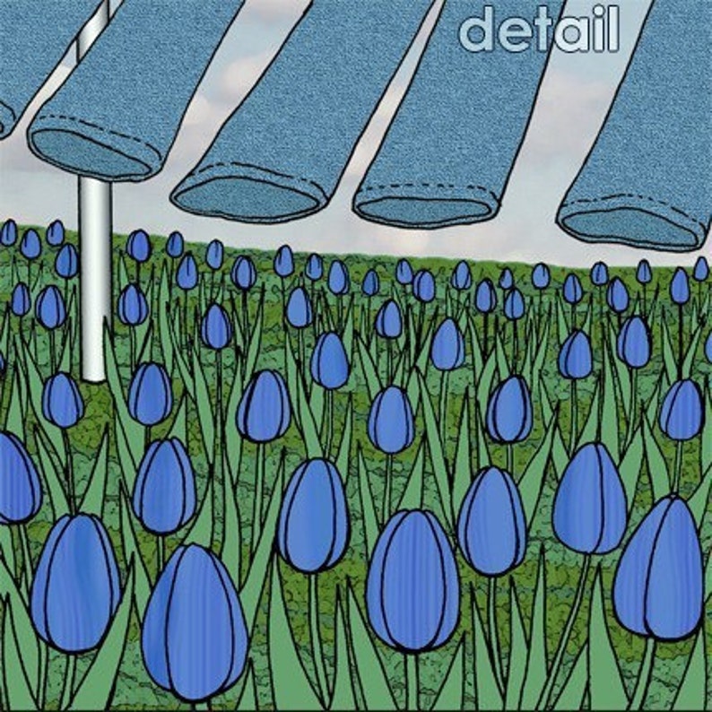 May include: A field of blue tulips with a row of blue denim hanging above them. The denim is hanging from a white pole.