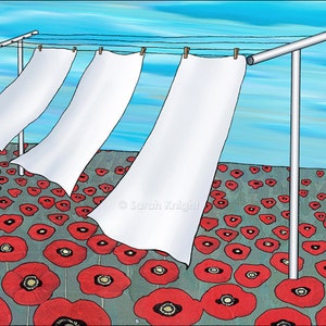 May include: An illustration of white sheets blowing on a clothesline against a blue sky. The ground is covered in red poppies with black centers. The artwork has a whimsical, cartoon-like style.