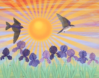 purple martins, irises, & sunshine - signed art print 8X10 inch by Sarah Knight - flying birds violet iris flowers orange sun nature scene