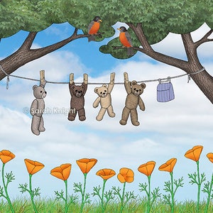 May include: Four teddy bears hang on a clothesline with a blue and white striped bag hanging next to them. The clothesline is strung between two trees with robins perched on the branches. The background is a blue sky with white clouds.  Orange California poppies bloom in the foreground.